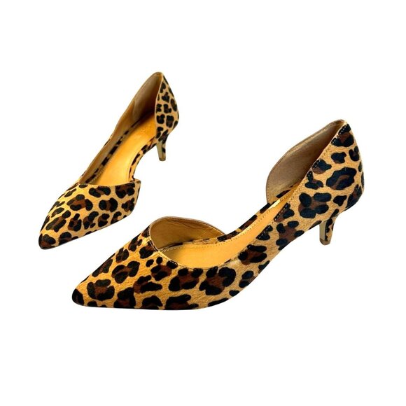 J. Crew Women's Size 5 Leopard Calf Hair Kitten Pointed Toe D'Orsay Pump Heels - Picture 1 of 16